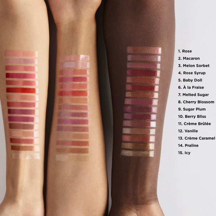 Laura Mercier Lip Glacé swatches on different skin tones