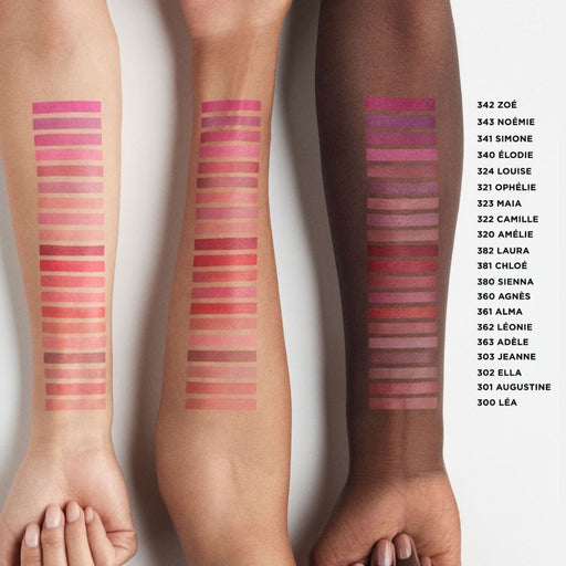 Laura Mercier Petal Soft Lipstick Crayon swatches on different skin tones