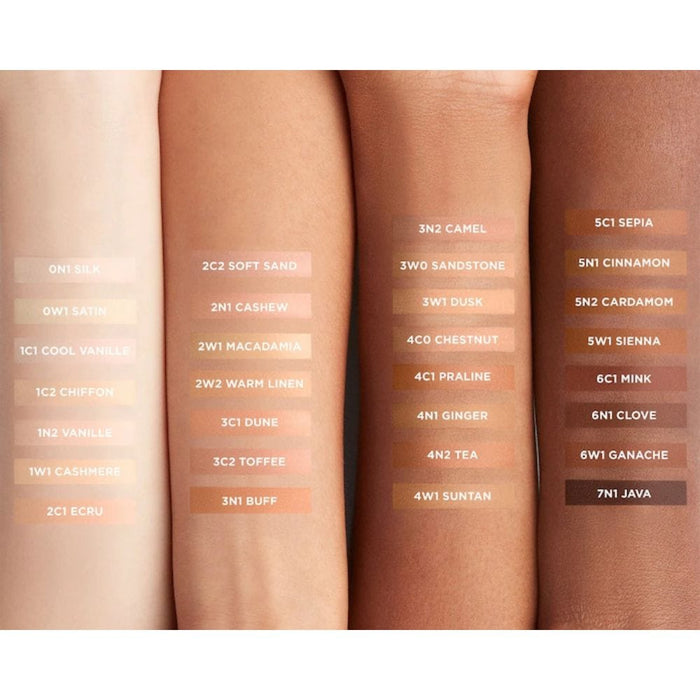 Laura Mercier Real Flawless Weightless Perfecting Waterproof Foundation swatches on arms of different skin tones from light to dark