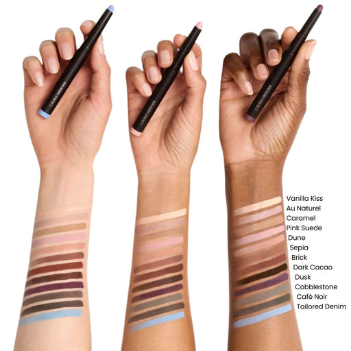 Laura Mercier Caviar Stick Eye Shadow Matte swatched on different skin tones. List of shade names to the right 