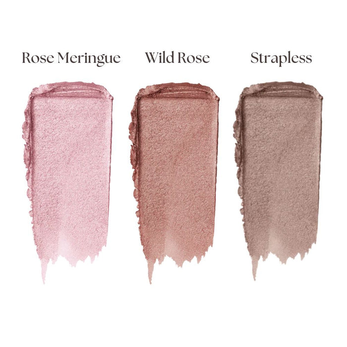 Laura Mercier Crème de la Crème Mini Caviar Stick Trio swatches with names above 