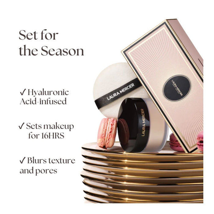 Laura Mercier Translucent Loose Setting Powder Ultra Blur + Puff styled to the right of key selling points of the powder