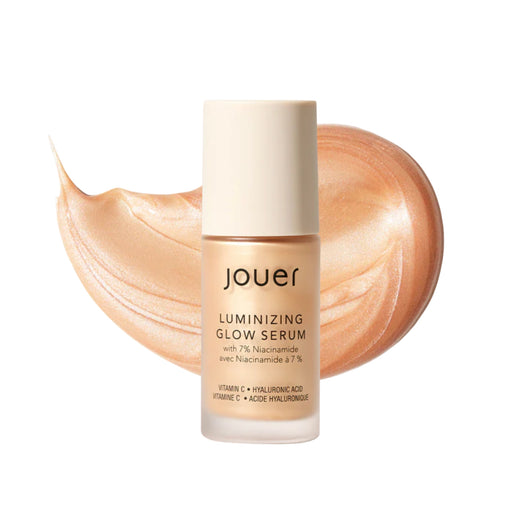 Luminizing glow serum 1oz bottle with nude glow swatch behind product.