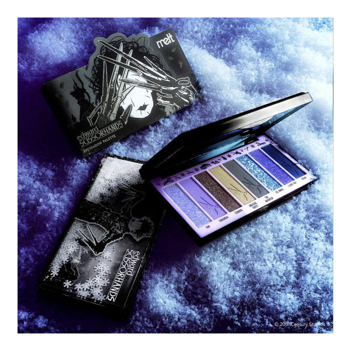 Melt Edward Scissorhands Eyeshadow Palette thematically styled on fake snow.
