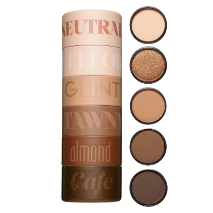 Melt Cosmetics Petite Stack Neutral Browns. Top Down POV for individual shades to the right of the stack