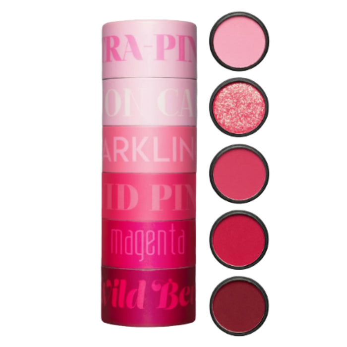 Melt Cosmetics Petite Stack Ultra Pinks. Top Down POV for individual shades to the right of the stack