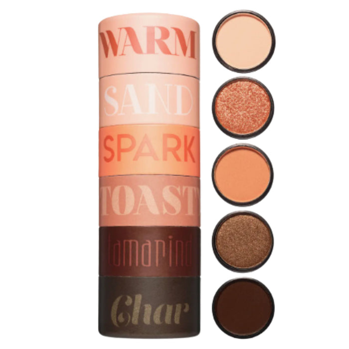 Melt Cosmetics Petite Stack Warm Browns. Top Down POV for individual shades to the right of the stack