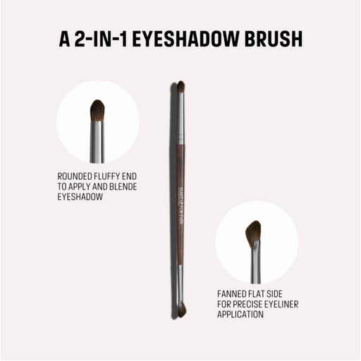 Make Up For Ever dual-ended eyeshadow brush featuring a rounded fluffy blending end and a fanned flat side for precise eyeliner application, shown on a neutral background.