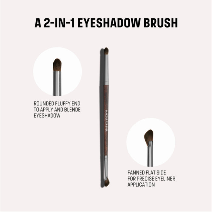 Make Up For Ever dual-ended eyeshadow brush featuring a rounded fluffy blending end and a fanned flat side for precise eyeliner application, shown on a neutral background.