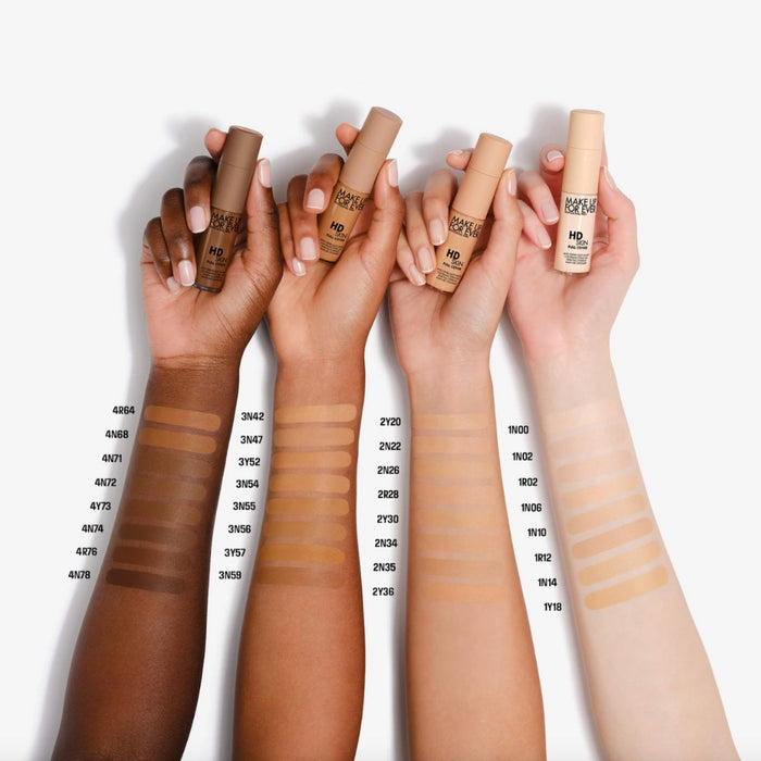HD Skin Full Cover Multi-Use Waterproof Concealer Shade reference on arm swatches holding product with shade number.