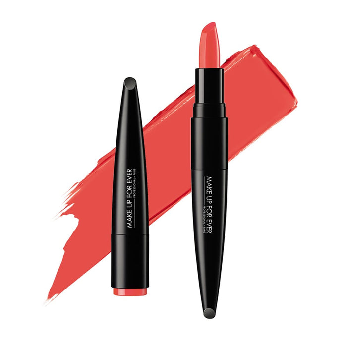 MUFE Rouge Artist Lipstick 300 Gorgeous Coral with Swatch behind product and cap