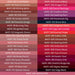 MUFE Rouge Artist Lipstick Color Chart with names on color shades