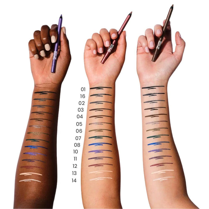 Make Up For Ever Artist Resist Color Pencil swatched on 3 different skin tones with the shade number beside the middle swatches