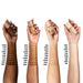 Make Up For Ever Balancing and Perfecting Liquid Foundation colors swatched on the arms of their respective skin tone - light, medium, tan and dark.