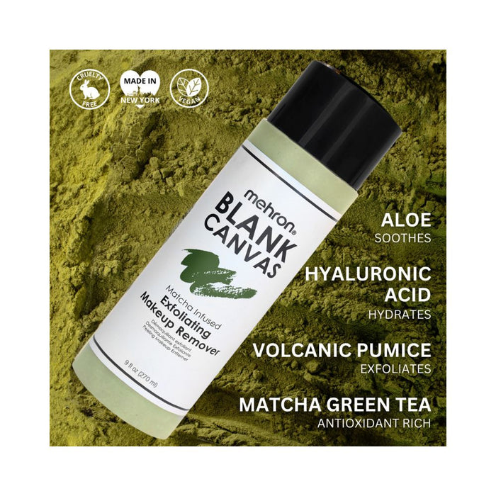 Mehron Blank Canvas Matcha Infused Exfoliating Makeup Remover key ingredients text styled over matcha powder