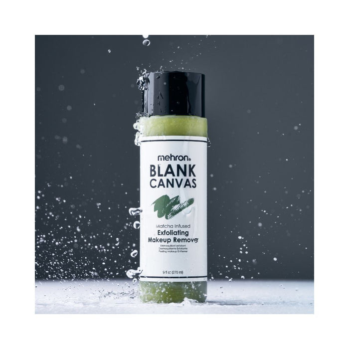 Mehron Blank Canvas Matcha Infused Exfoliating Makeup Remover styled with water droplets