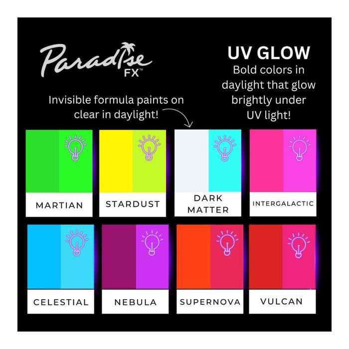 Mehron Paradise FX™ Neon Shades color chart regular and uv 