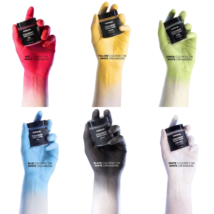 Mehron Colorset Setting Powder all variants individually applied on the forearm covered with white creamblend.