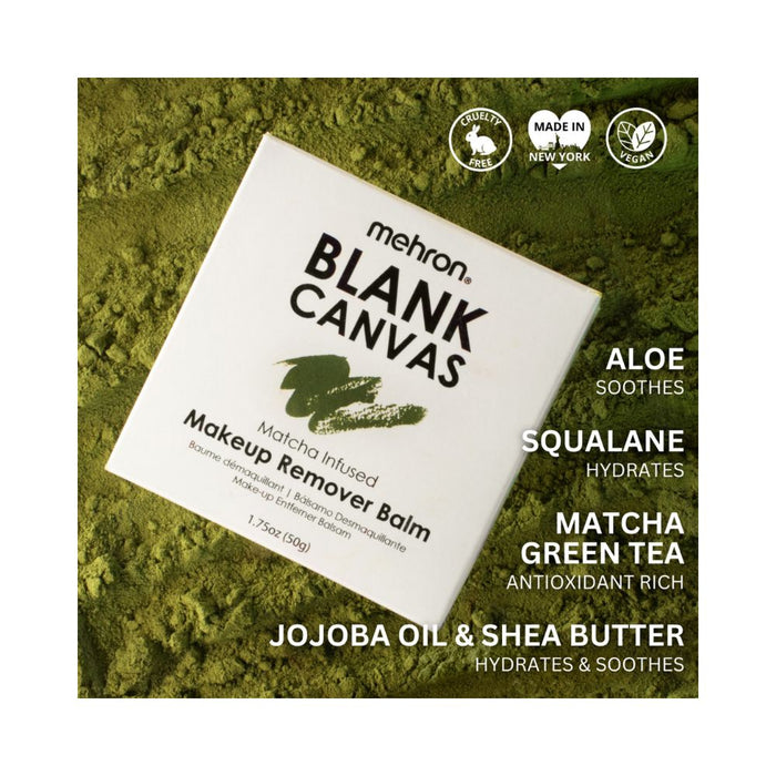 Mehron Blank Canvas Matcha Infused Makeup Remover Balm key ingredients text styled over matcha powder