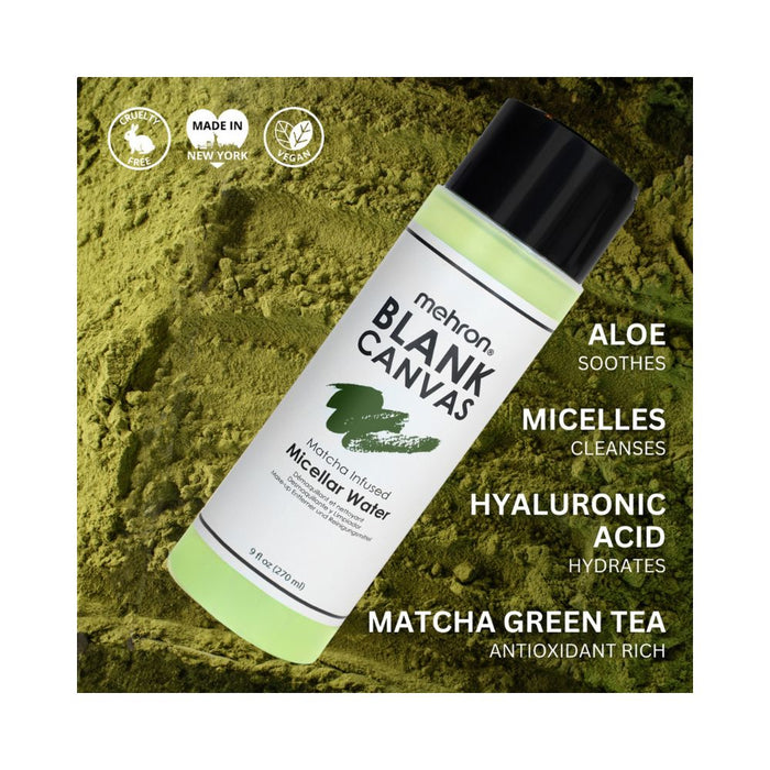 Mehron Blank Canvas Matcha Infused Micellar Water text key ingredients styled over matcha powder