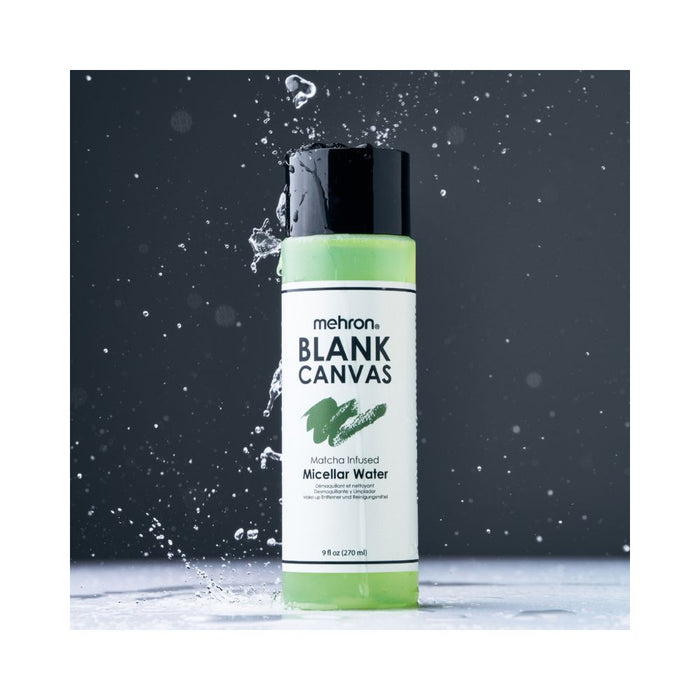 Mehron Blank Canvas Matcha Infused Micellar Water styled with water droplets