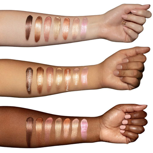 Melt Cosmetics Sex Foil Digital Liquid Highlight swatches on different skin tones