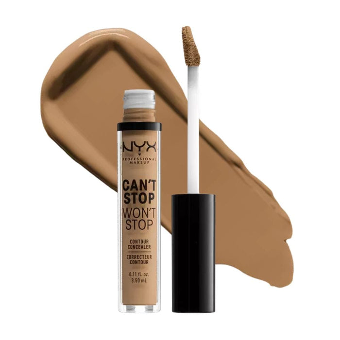 Nyx Can't Stop Won't Stop Contour Concealer 15 Caramel with swatch behind product