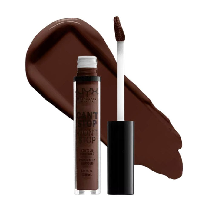 Nyx Can't Stop Won't Stop Contour Concealer Deep Espresso with swatch behind product