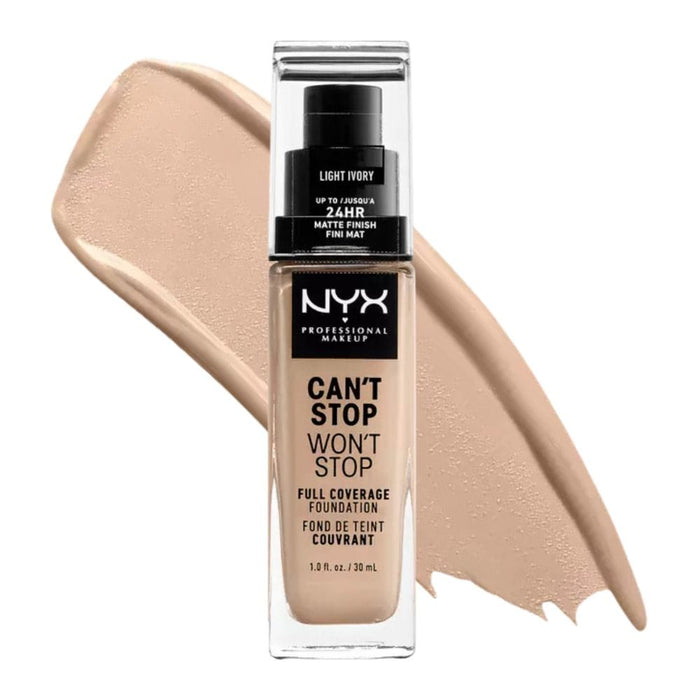 Nyx Can't Stop Won't Stop Full Coverage Foundation Light Ivory with swatch behind product