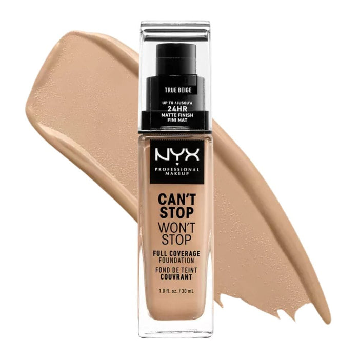 Nyx Can't Stop Won't Stop Full Coverage Foundation True Beige with swatch behind product
