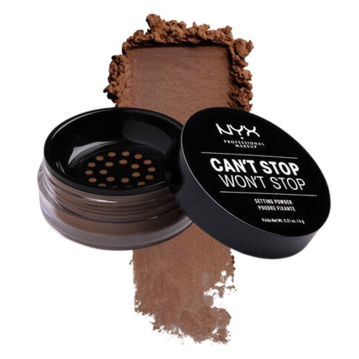 NYX Can't Stop Won't Stop Setting Powder Deep with swatch behind product