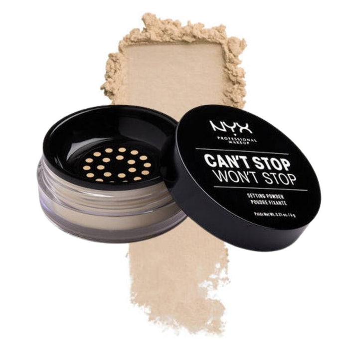 NYX Can't Stop Won't Stop Setting Powder Light Medium with swatch behind product