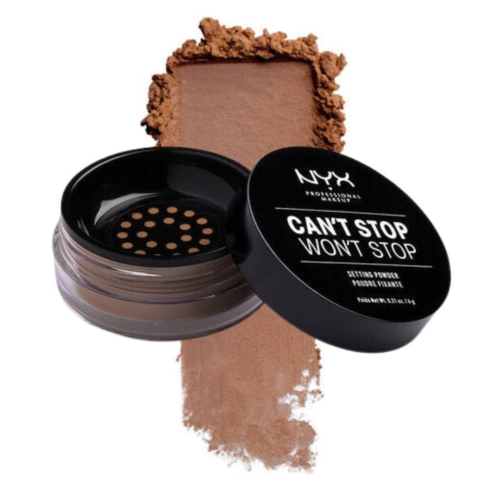 NYX Can't Stop Won't Stop Setting Powder Medium Deep with swatch behind product