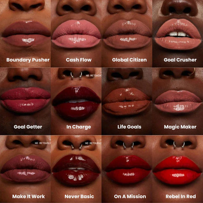 NYX Shine Loud High Shine Lip Color Gloss lip swatches on dark tones with names