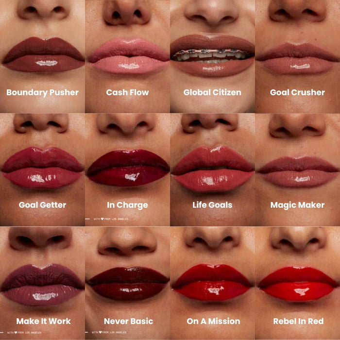 NYX Shine Loud High Shine Lip Color Gloss lip swatches on medium / tan tones with names