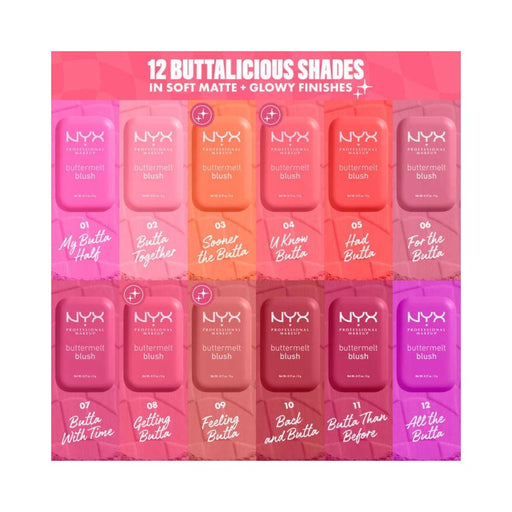 NYX Buttermelt Blush Color Shade Chart. Shade names under individual blushes