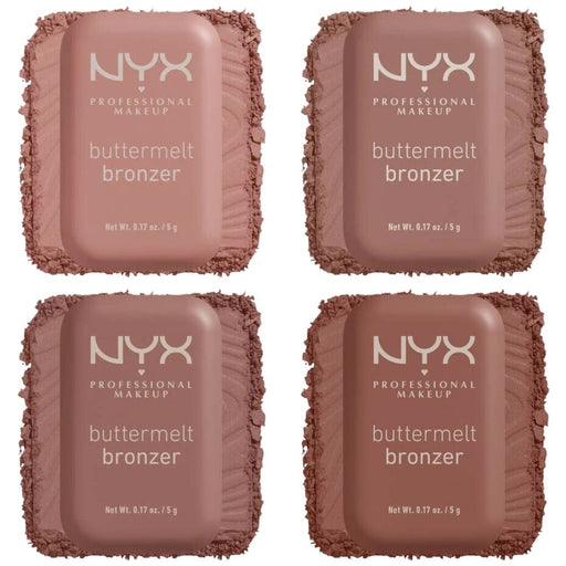 NYX Buttermelt Bronzers family pic in 2x2 grid with swatches behind