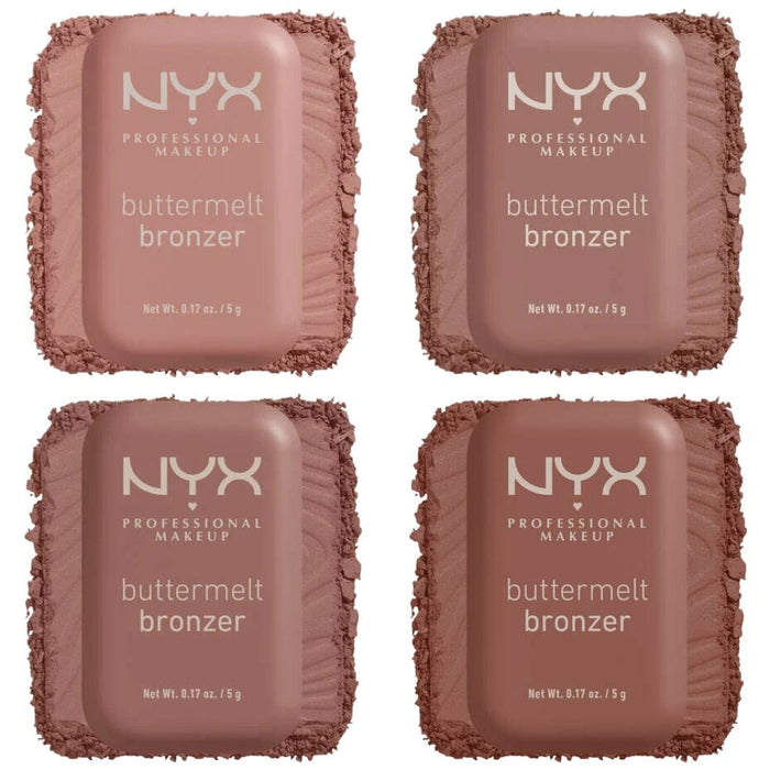 NYX Buttermelt Bronzers family pic in 2x2 grid with swatches behind