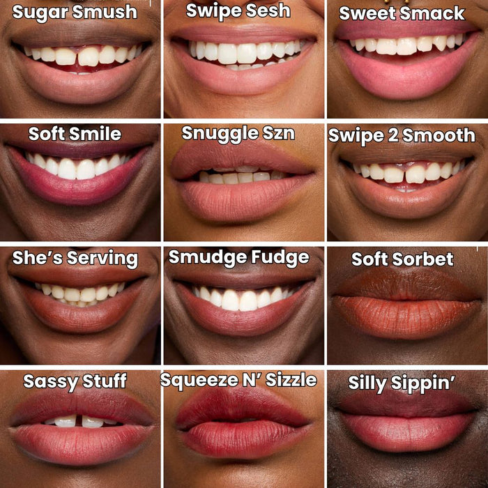 NYX Smushy Matte Lip Balm swatches on dark-toned lips