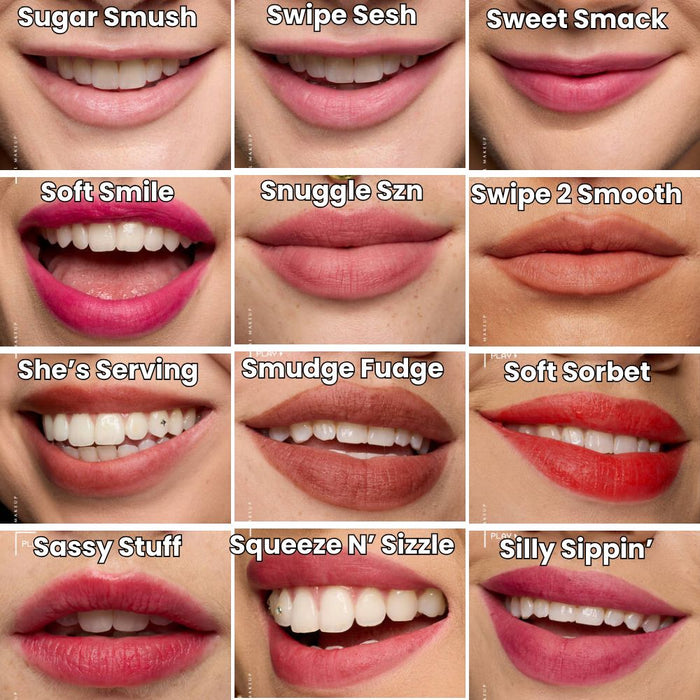 NYX Smushy Matte Lip Balm swatches on light-toned lips