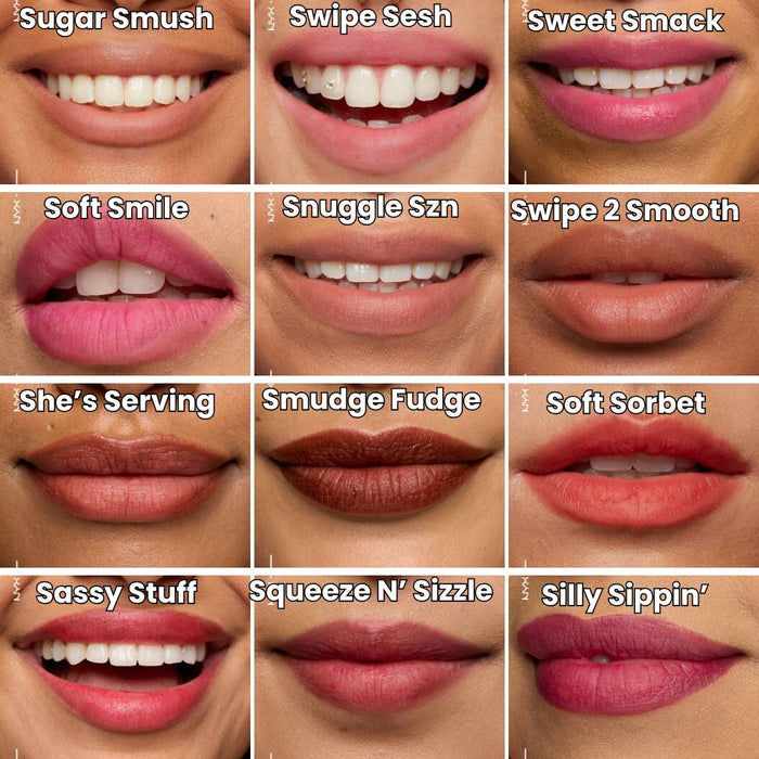 NYX Smushy Matte Lip Balm swatches on tan-toned lips