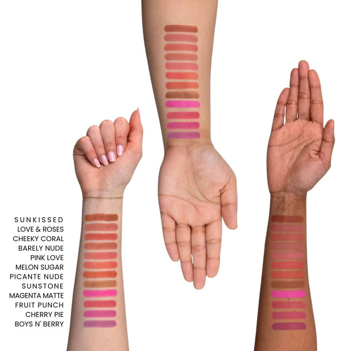 Nudestix STAX All Over Color Blush Balm swatches on different skin tones