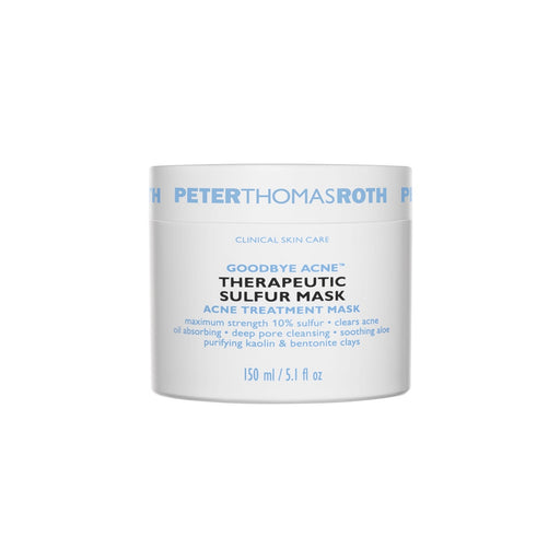 Peter Thomas Roth Goodbye Acne Therapeutic Sulfur Mask in white jar, acne treatment mask with 10% sulfur for oil absorption and deep pore cleansing.