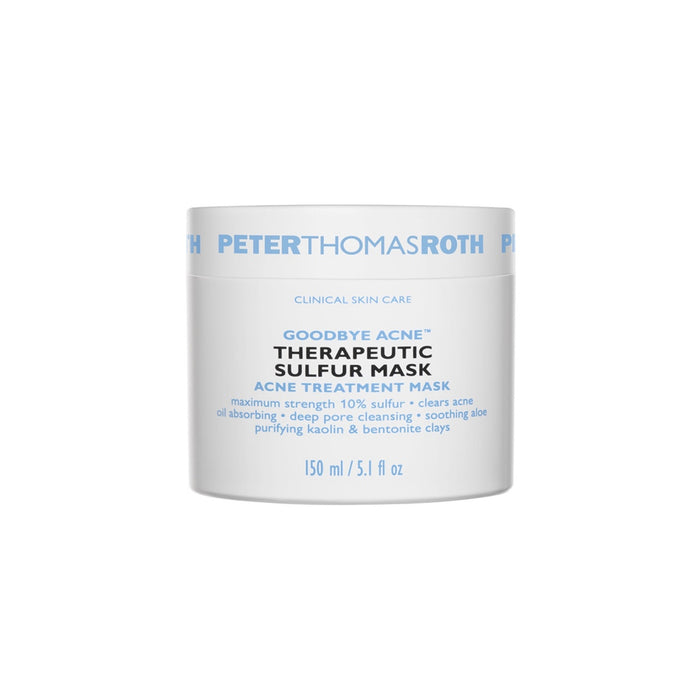 Peter Thomas Roth Goodbye Acne Therapeutic Sulfur Mask in white jar, acne treatment mask with 10% sulfur for oil absorption and deep pore cleansing.
