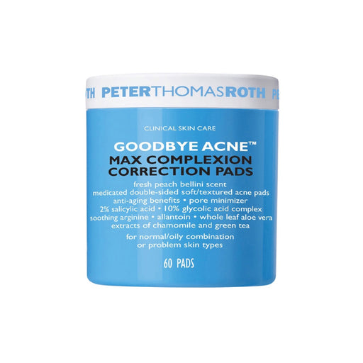 Peter Thomas Roth Goodbye Acne Max Complexion Correction Pads in blue jar, featuring medicated double-sided acne pads with salicylic and glycolic acid, 60 pads