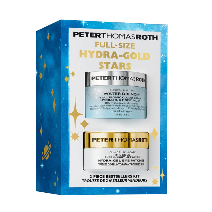 Peter Thomas Roth Full-Size Hydra-Gold Stars 2 piece bestseller kit. Includes Hyaluronic cloud cream moisturizer and 24K Gold hydra-gel eye patches.