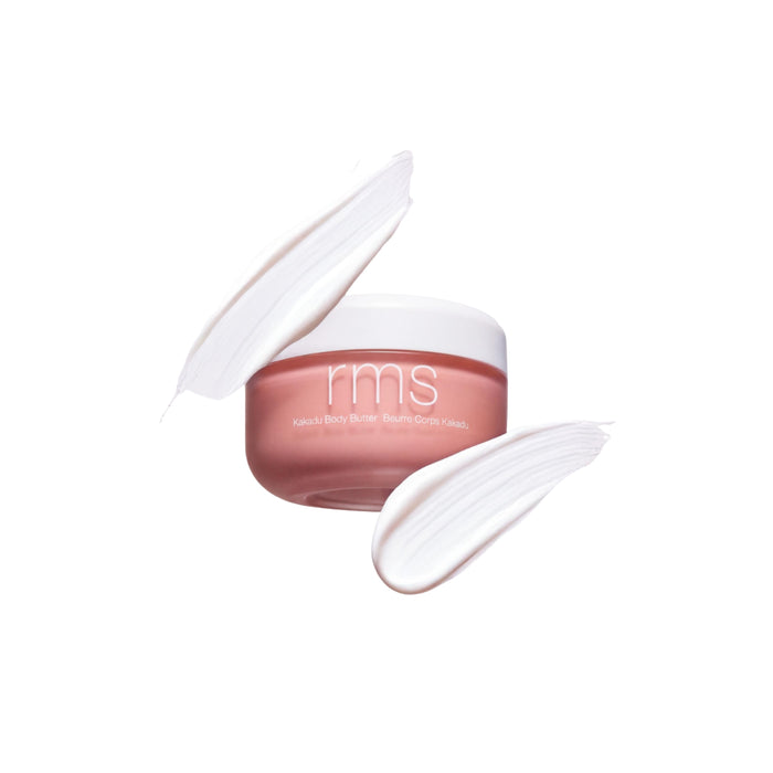 RMS Beauty Kakadu Body Butter with swatches above and below product container against white background.