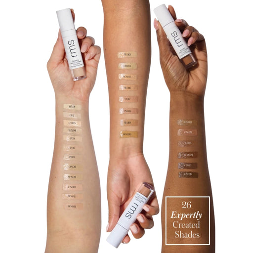 RMS Revitalize Hydra Concealer with three different skintones with shades swatched on each arm.