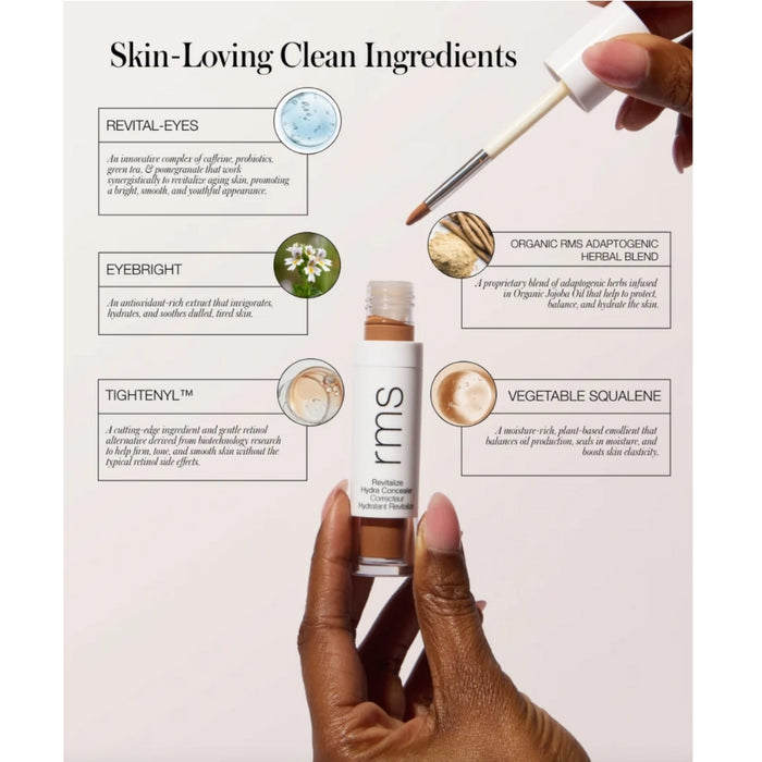 RMS Revitalize Hydra Concealer with clean ingredient information along the edges with a hand holding the applicator and the bottle.