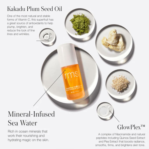 RMS Beauty SuperSerum Hydrating Mist Info chart with ingredients and benefits